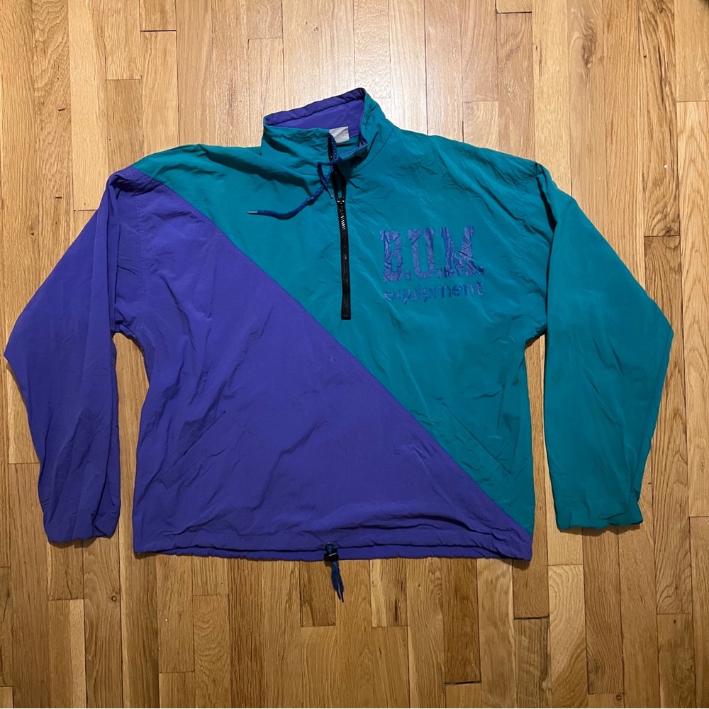 Vintage BUM Equipment 1/4 Zip Windbreaker Jacket Mens XL Teal Purple
